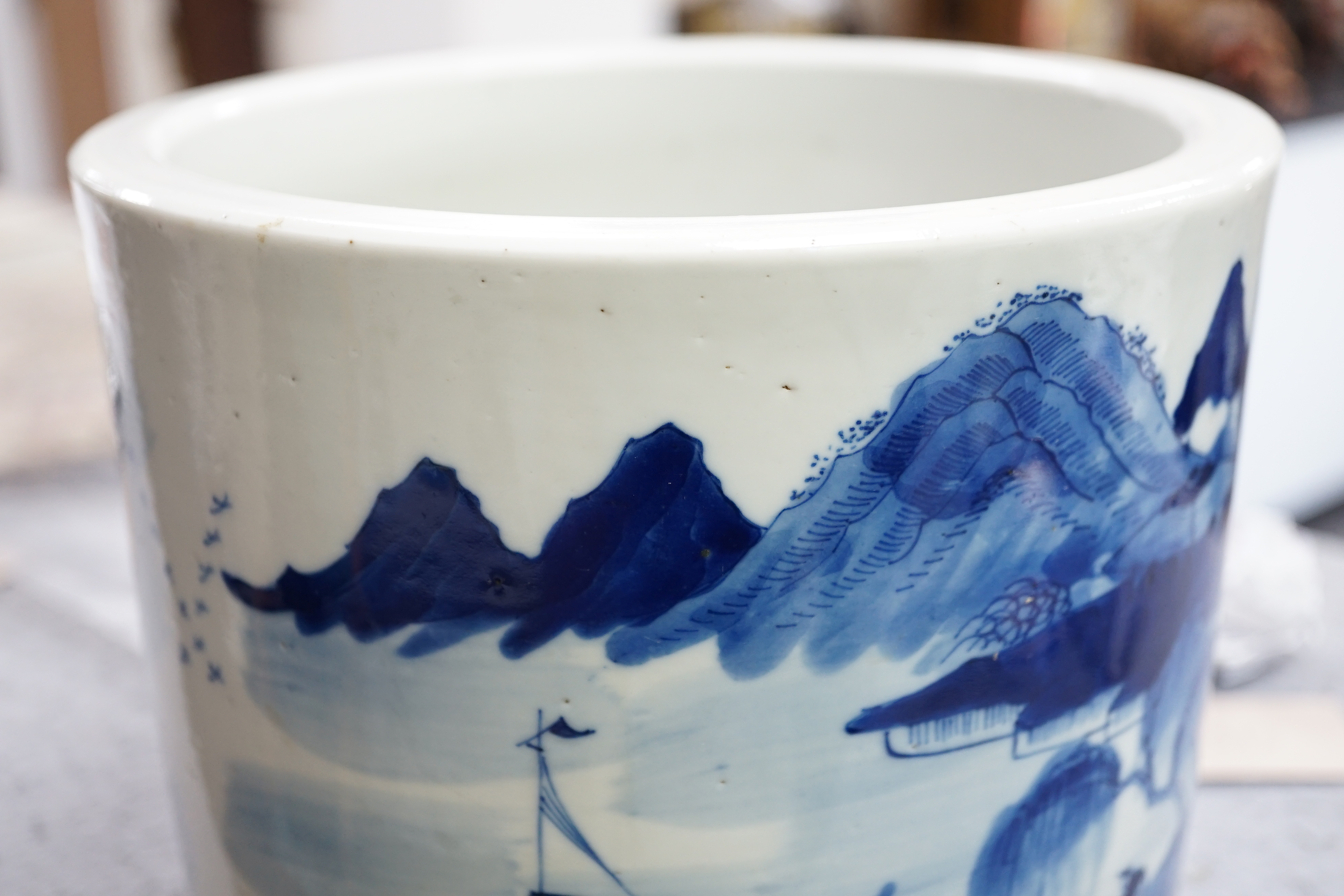 A Chinese blue and white ‘landscape’ cylindrical brushpot, bitong, 19th century